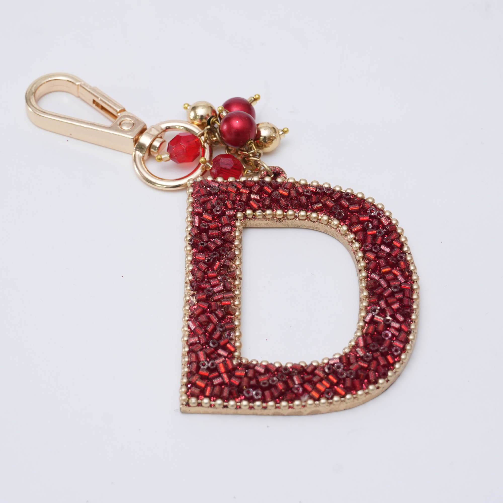 "D" Red Beaded With Pearls Bag Charm