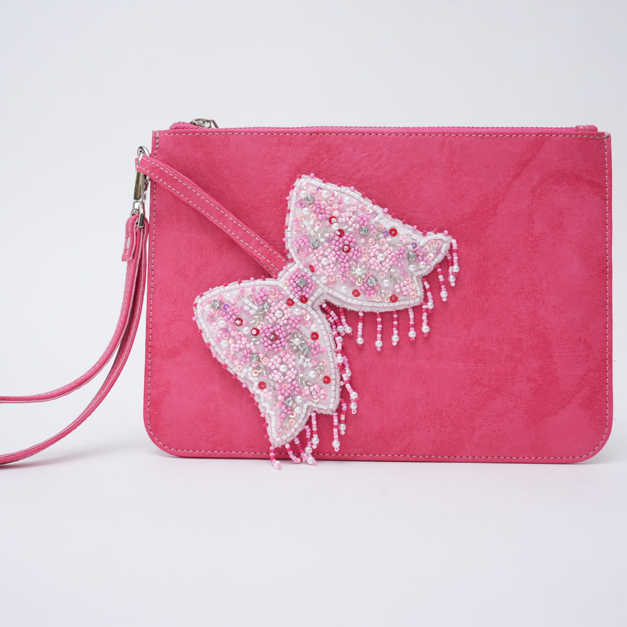 Pink Butterfly Embroidered Clutch Bag