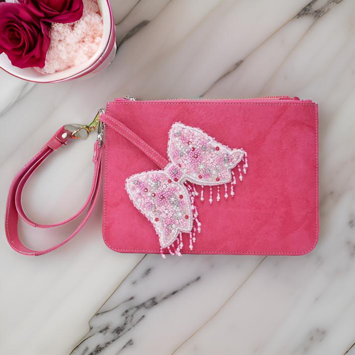 Pink Butterfly Embroidered Clutch Bag