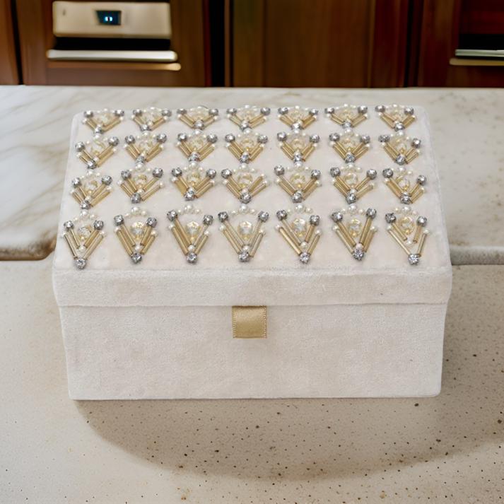 Beaded Ivory Velvet Jewellery Box