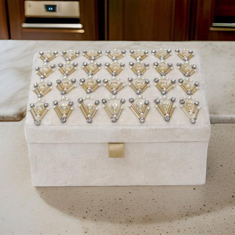 Beaded Ivory Velvet Jewelry Box