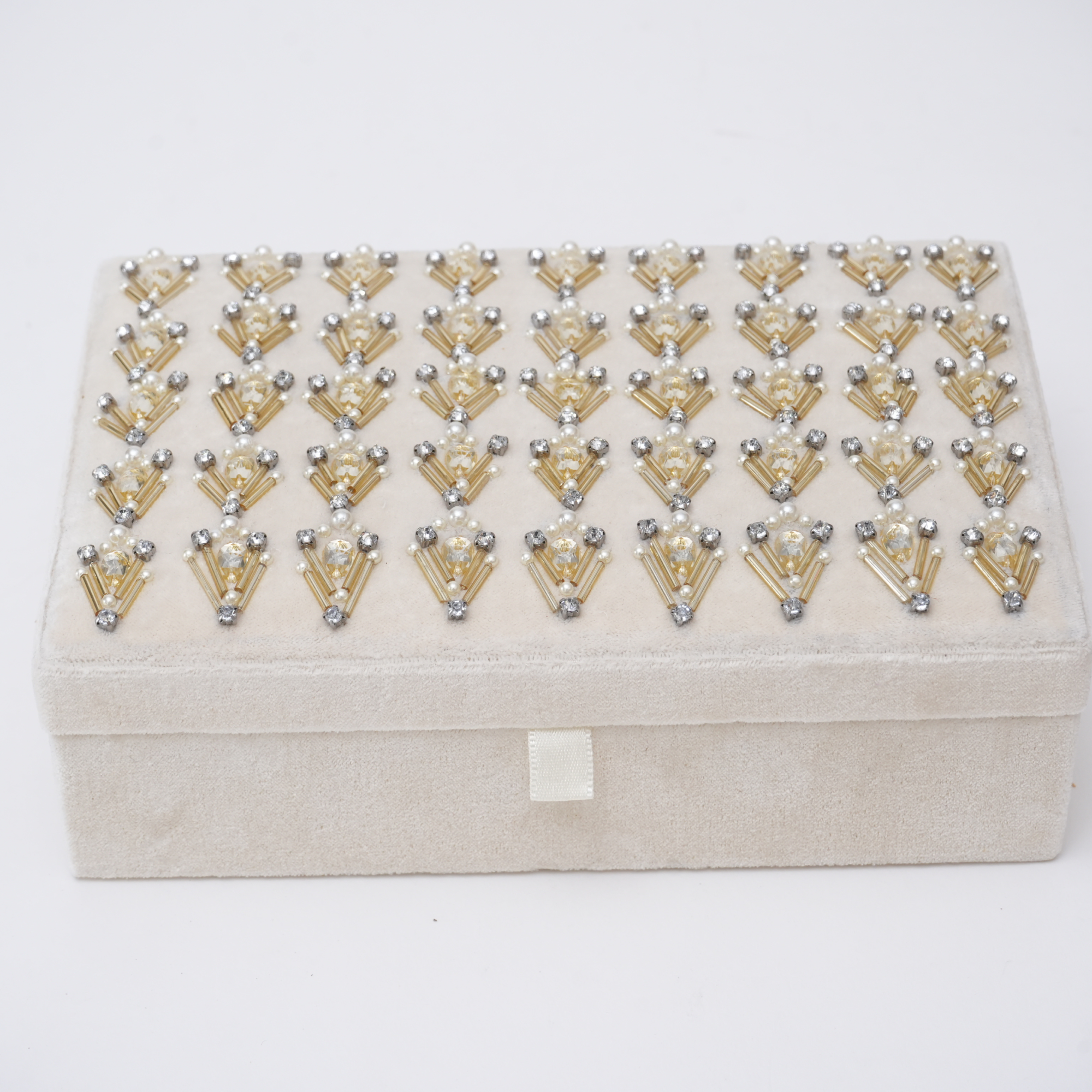 Beaded Ivory Velvet Jewellery Box