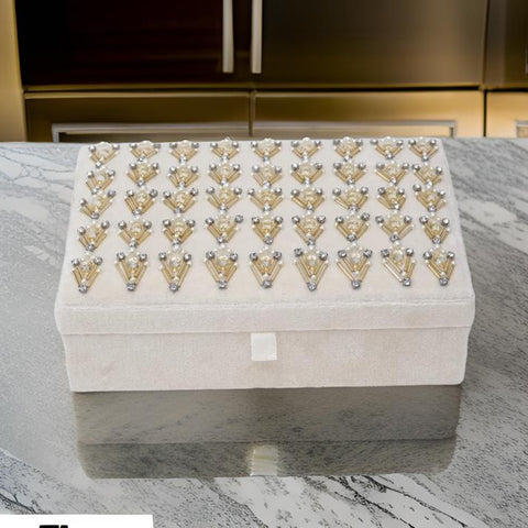 Beaded Ivory Velvet Jewelry Box