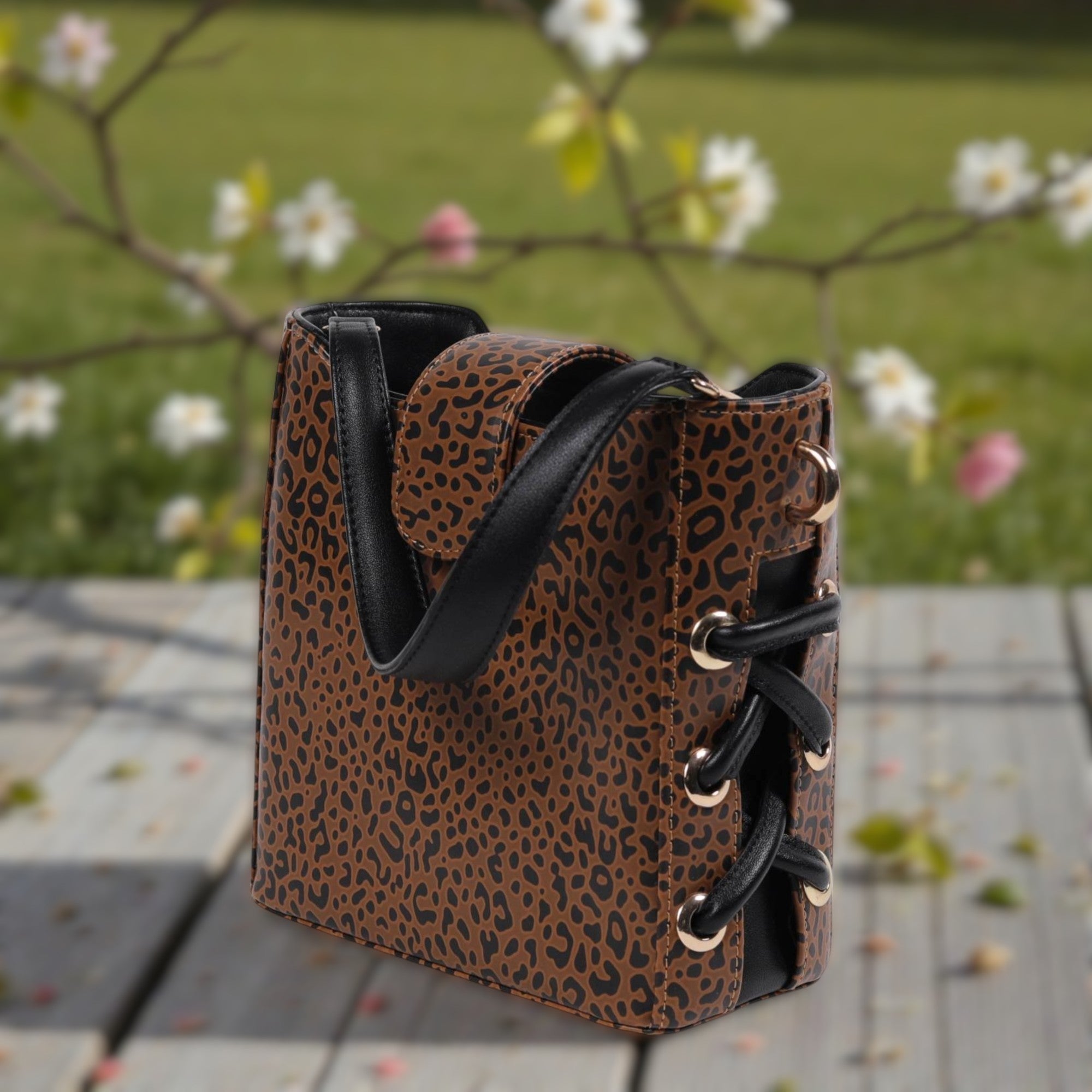 Genuine Leather Printed Structured Handbag with Side Lacing Detail