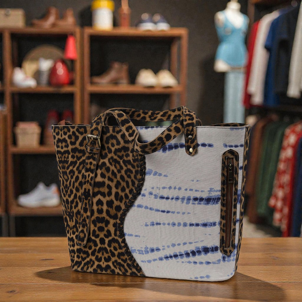 Genuine Leather Animal print with blue tie-dye canvas tote bag