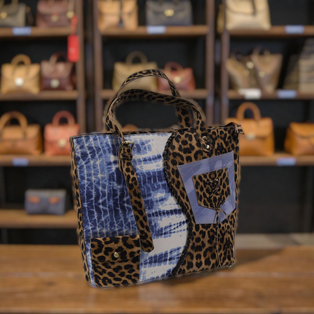 Genuine Leather Animal print with blue tie-dye canvas tote bag