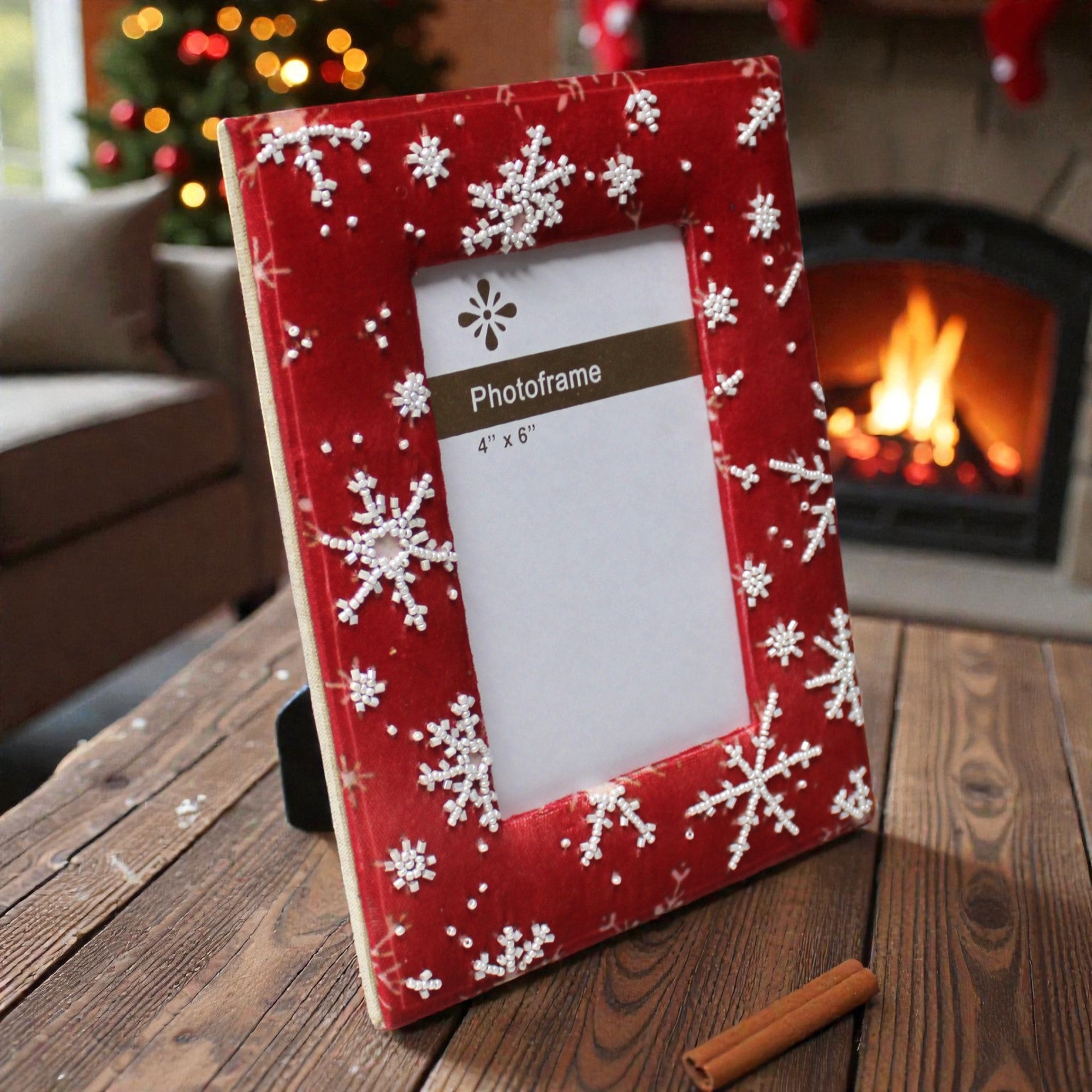 Festive Red Velvet Snowflake Beaded Picture Frame