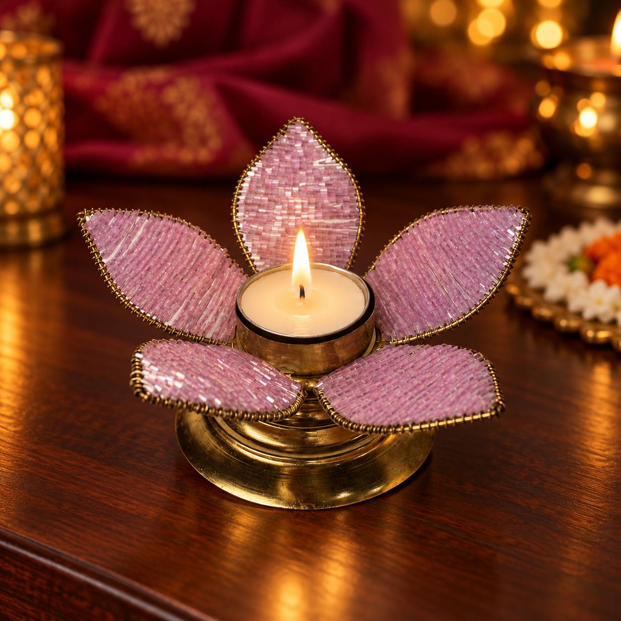 Handcrafted Lilac Beaded Lotus Tealight Holder