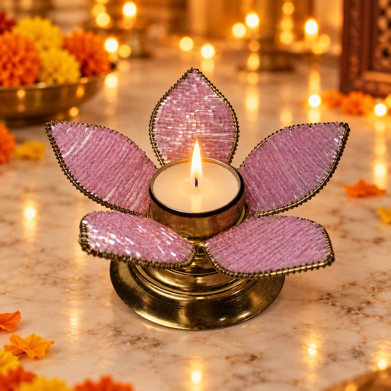  Handcrafted Lilac Beaded Lotus Tealight Holder 
