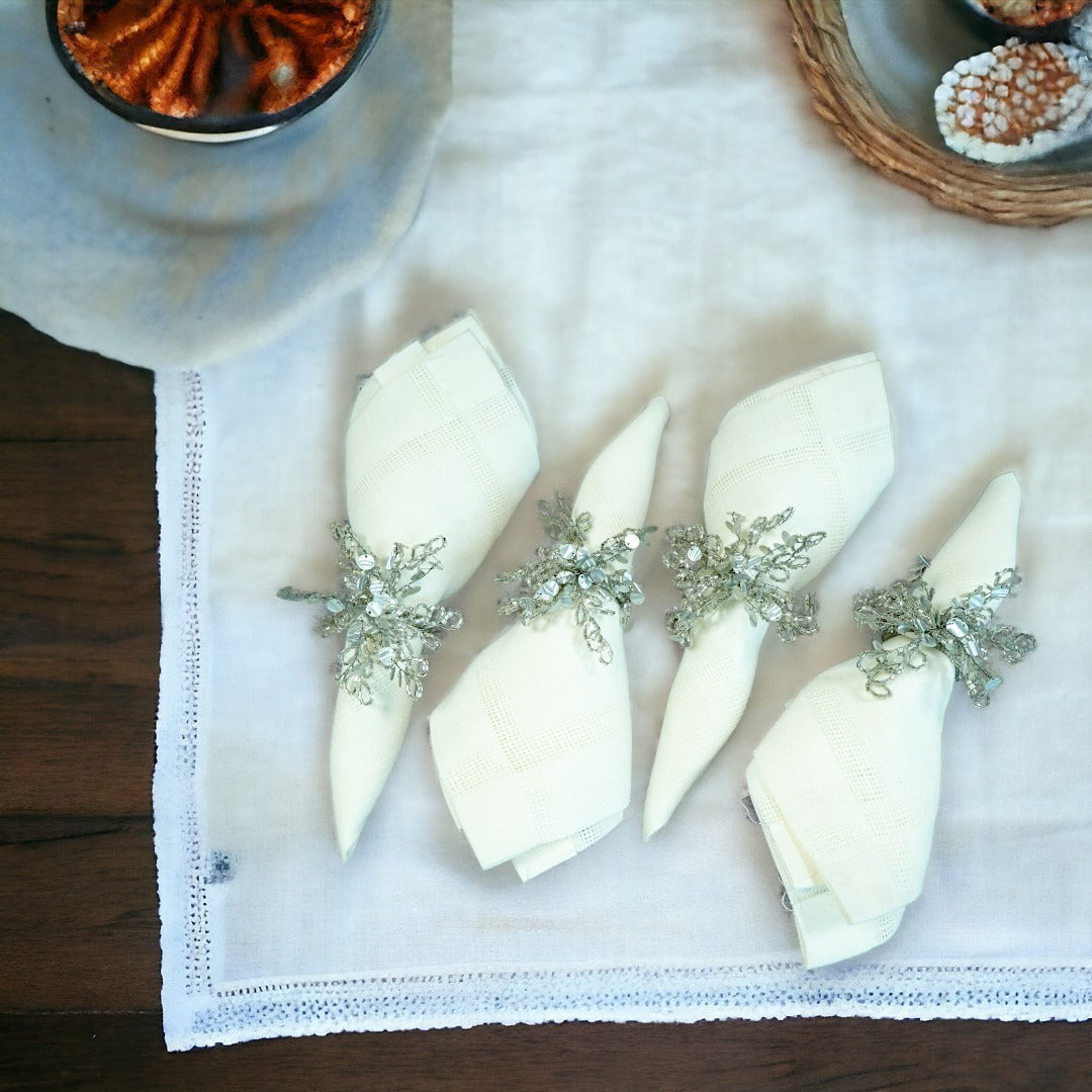 Silver Beaded Flower Napkin Ring Set of Four