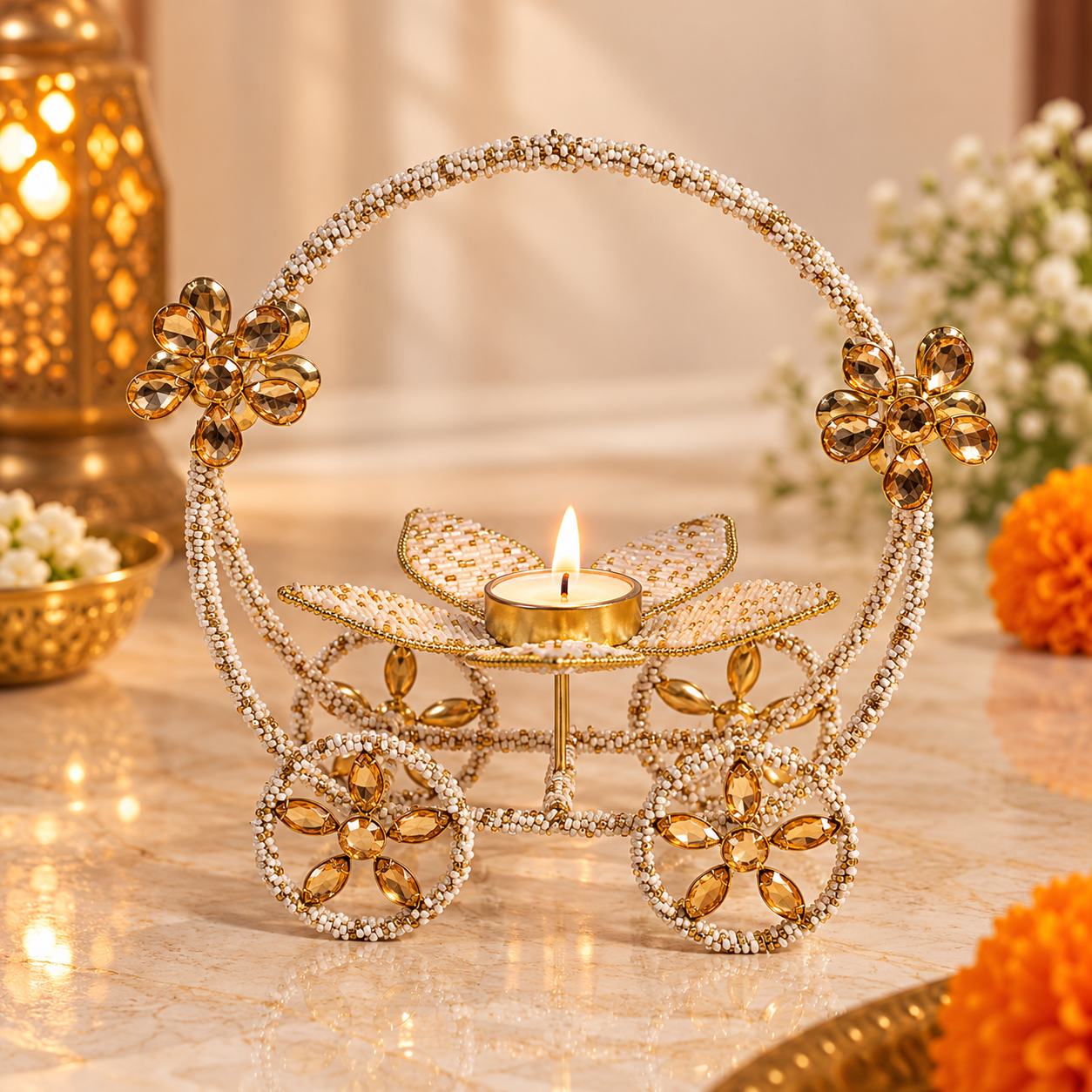 Beaded Lotus Tealight Carriage
