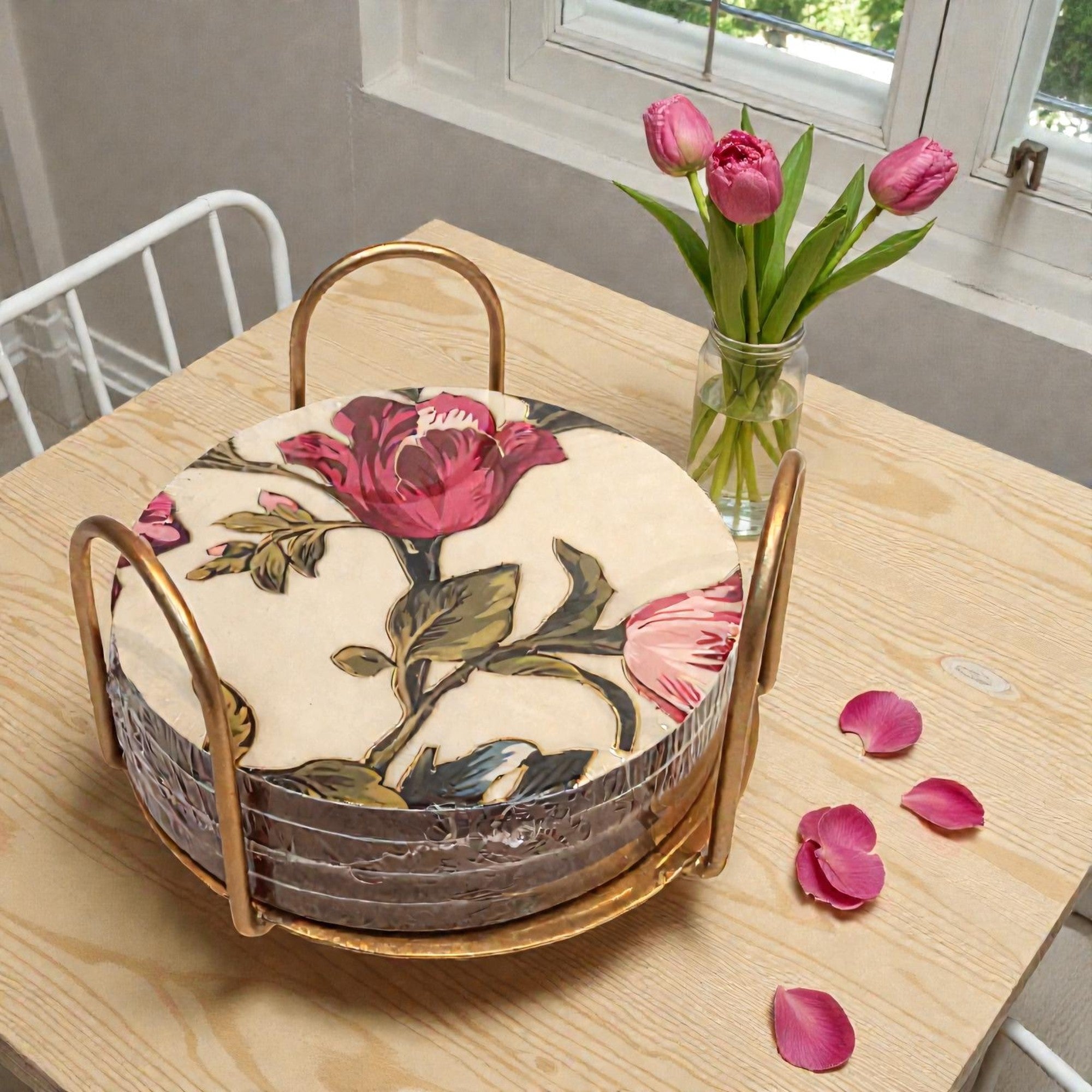 Designer Flower Design Resin Coaster Set of Four With Metal Stand