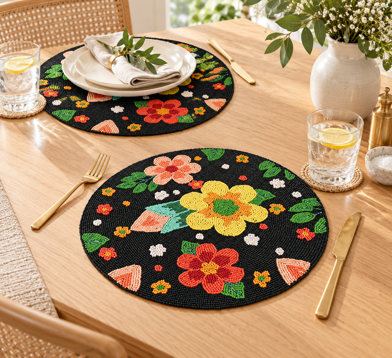 Round Beaded Floral Placemats Set of Two