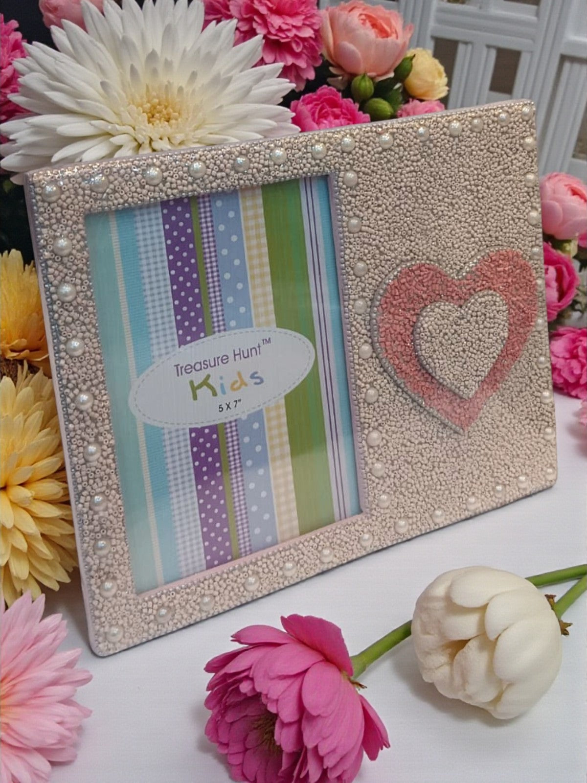 Shimmering Pearl & Heart Artisan Beaded Photo Frame for Valentine
