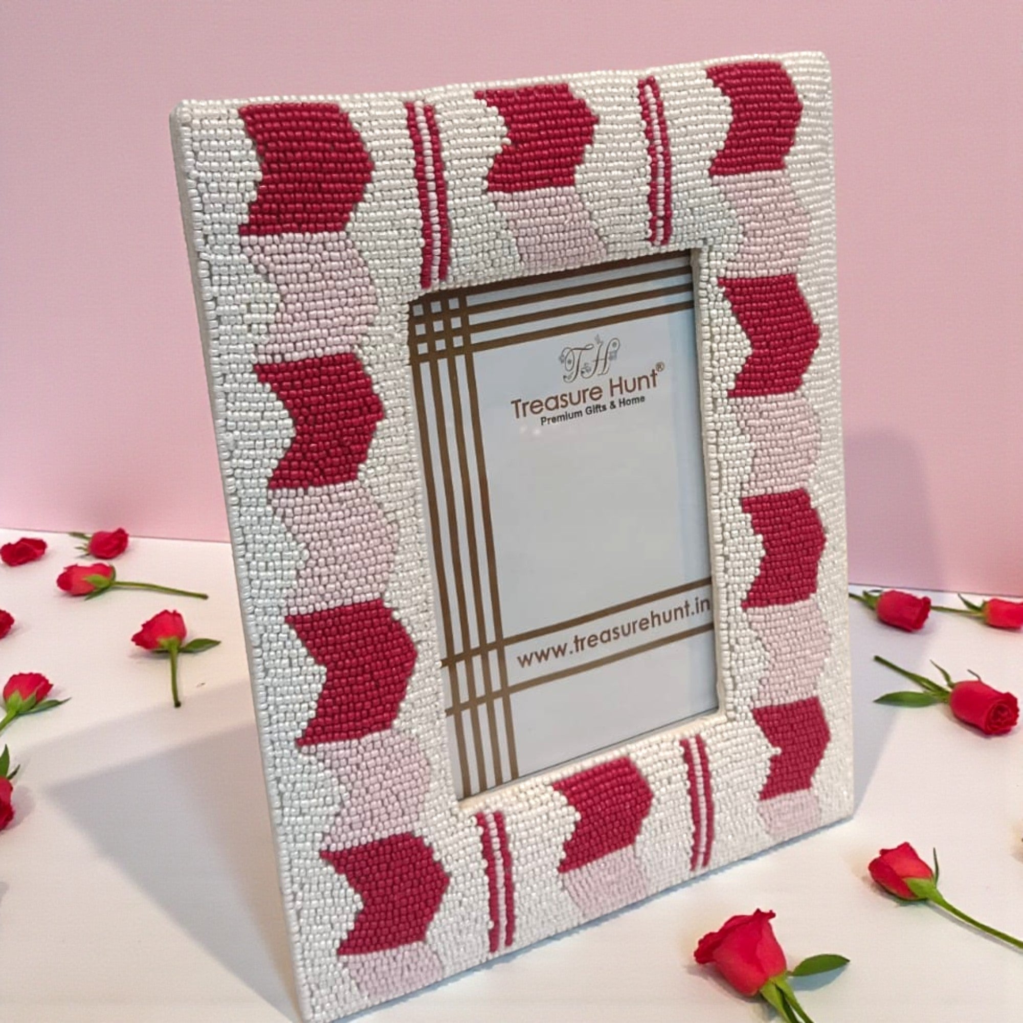 Hand-Beaded Pink and White Picture Frame