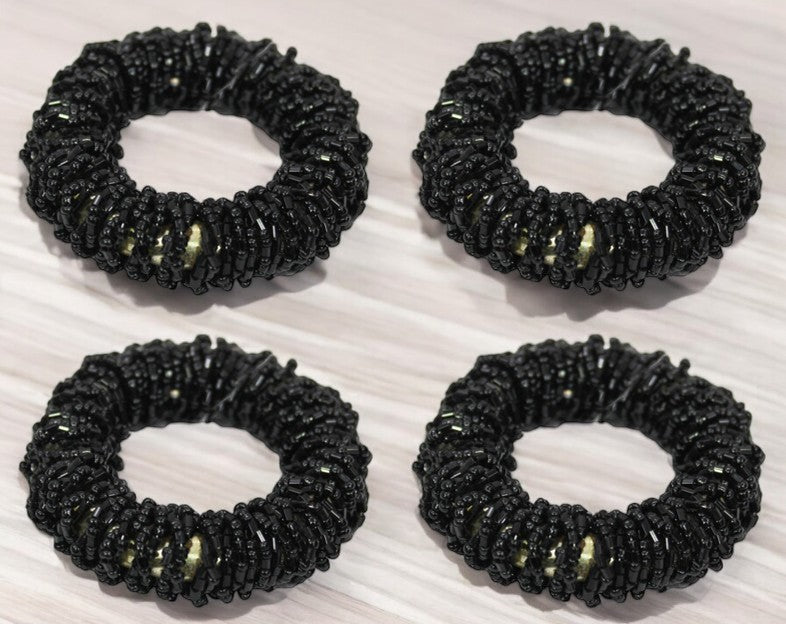 Black Glass Beaded Napkin Ring  Set of Four