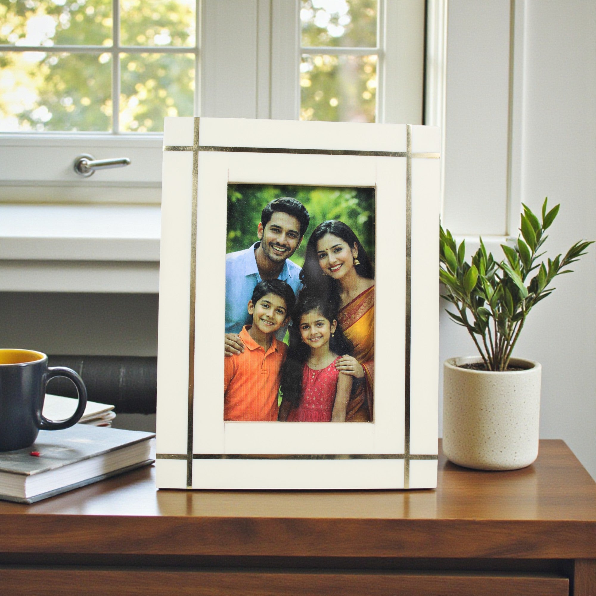 Modern Ivory Resin Photo Frame with Brass Linear Accents