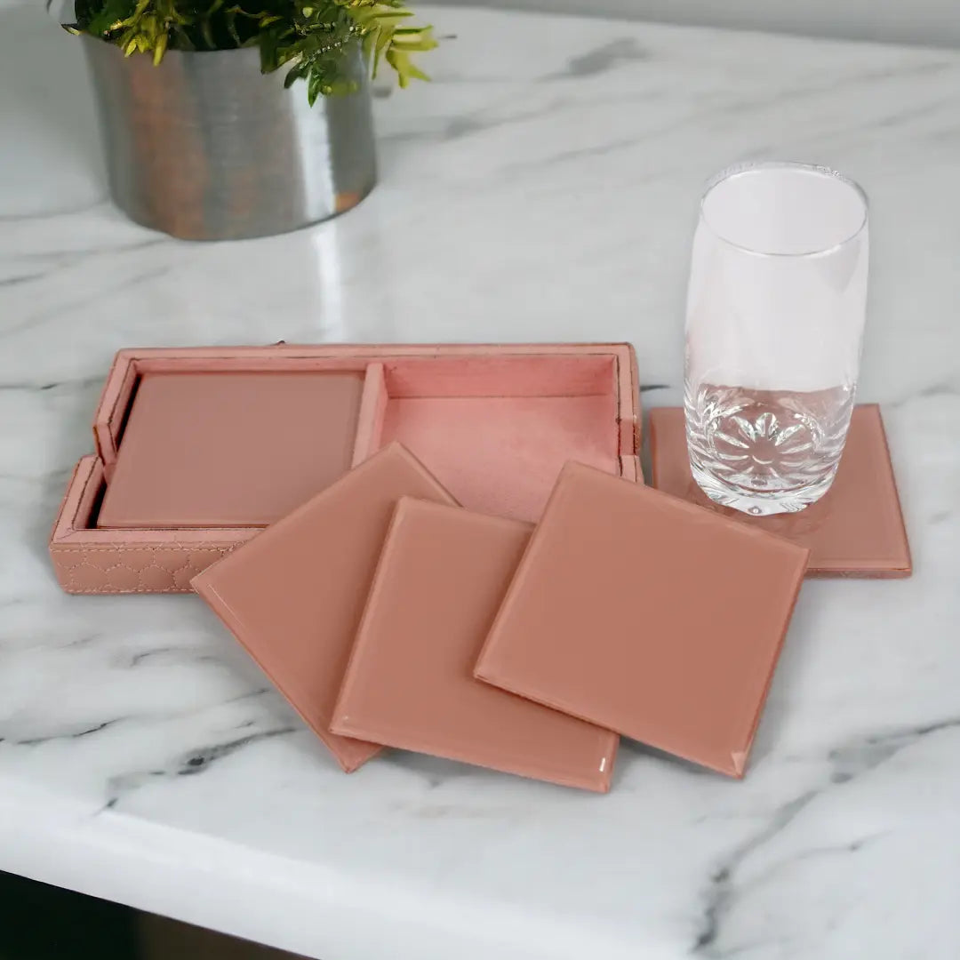 Pink Glass Coaster Set of Eight  & Leatherite Caddy Tray