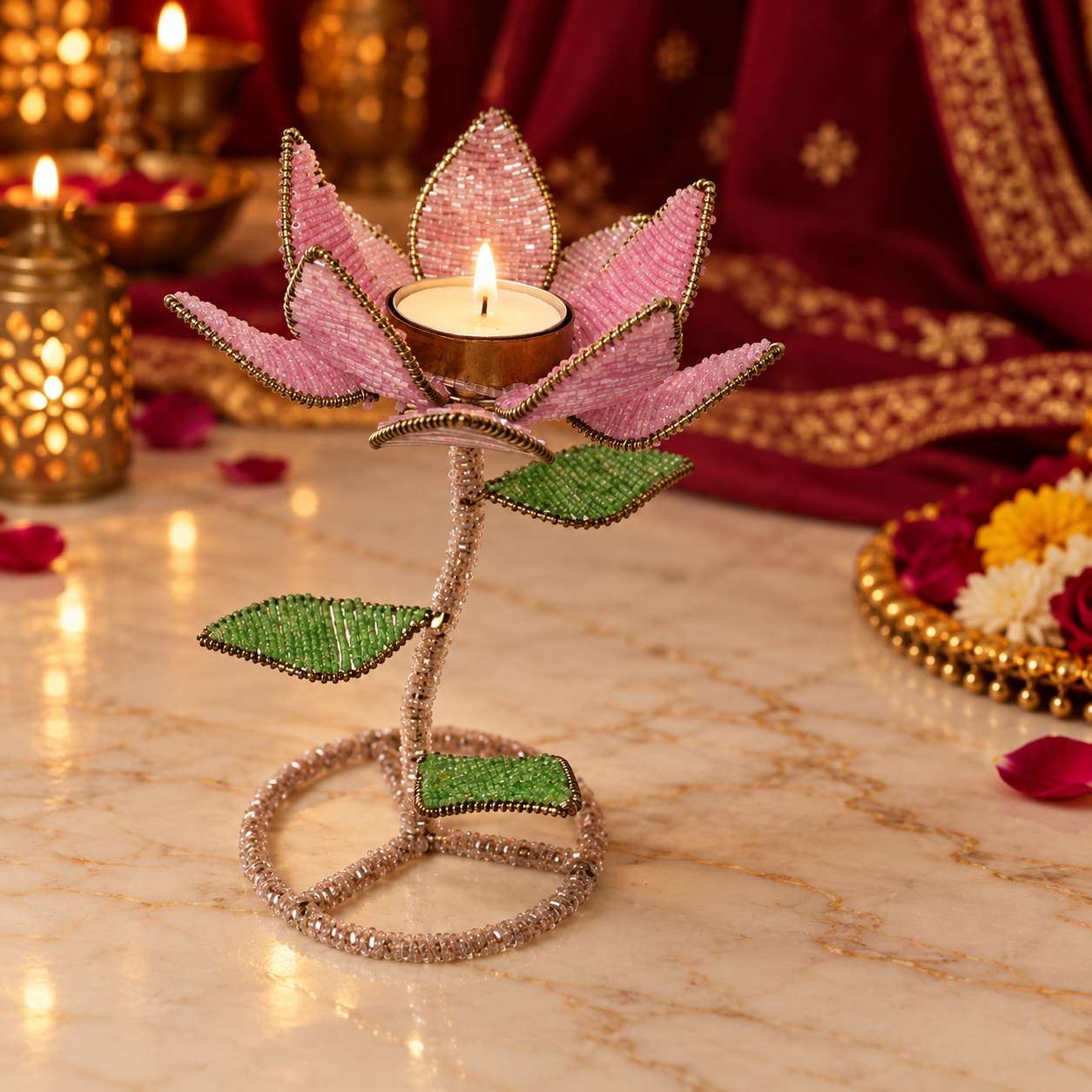 Handmade Beaded Lotus Tealight Candle Holder – Pink Flower with Green Leaves