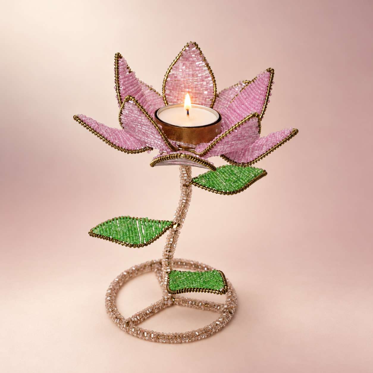 Handmade Beaded Lotus Tealight Candle Holder – Pink Flower with Green Leaves