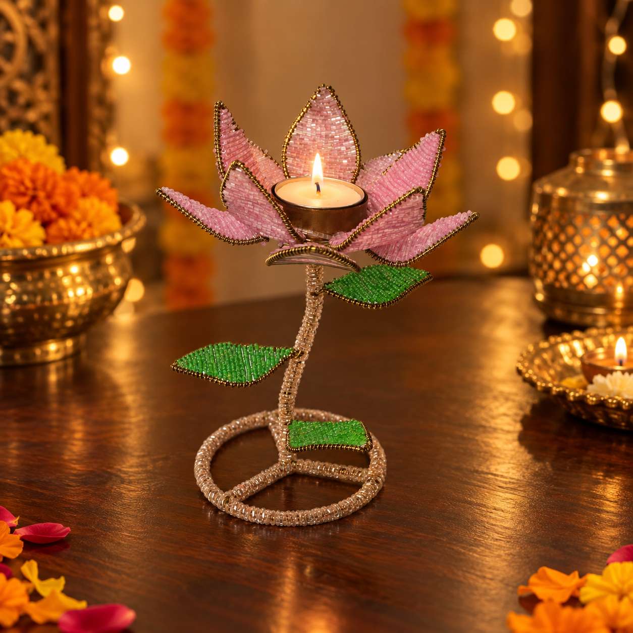 Handmade Beaded Lotus Tealight Candle Holder – Pink Flower with Green Leaves