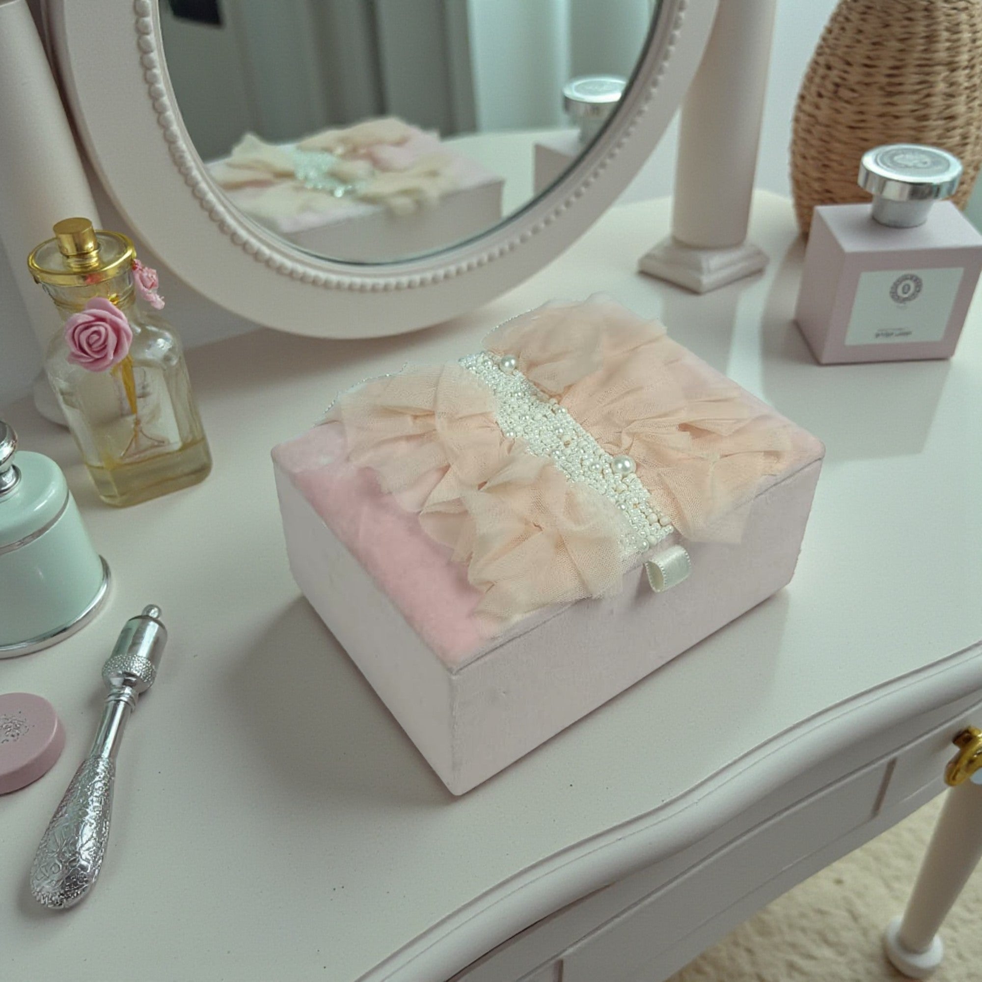 Blush Pink Velvet Jewelry Box with Tulle Ruffle and Pearl Embellishments
