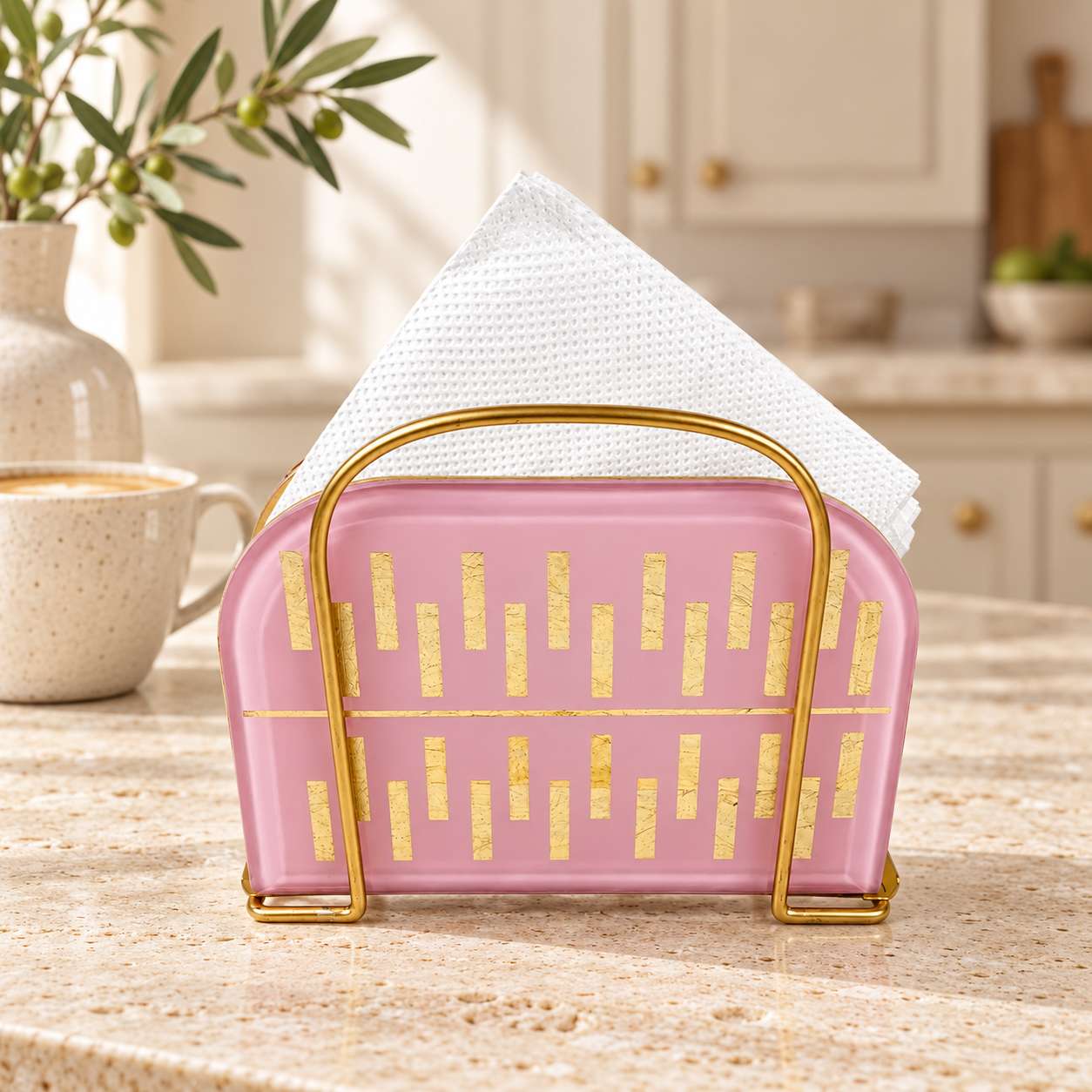 Elegant Pink & Gold Metal Tissue Holder – Decorative Napkin Stand for Dining Table