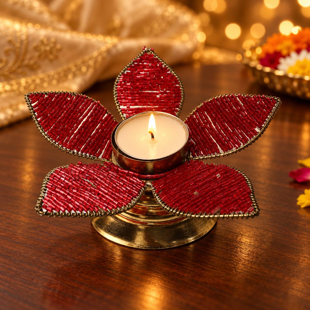 Red Beaded Flower Tealight Candle Holder with Brass Base