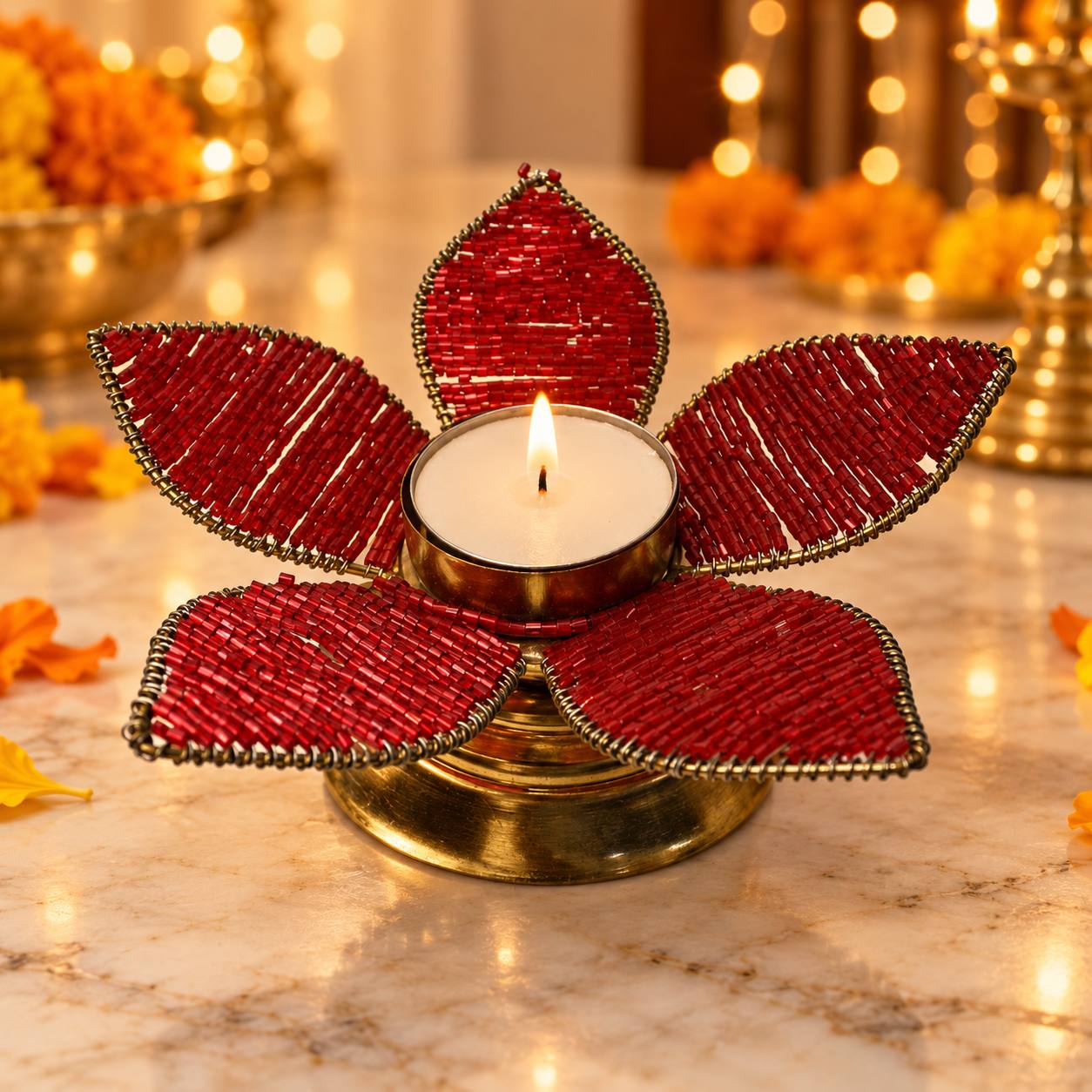 Red Beaded Flower Tealight Candle Holder with Brass Base