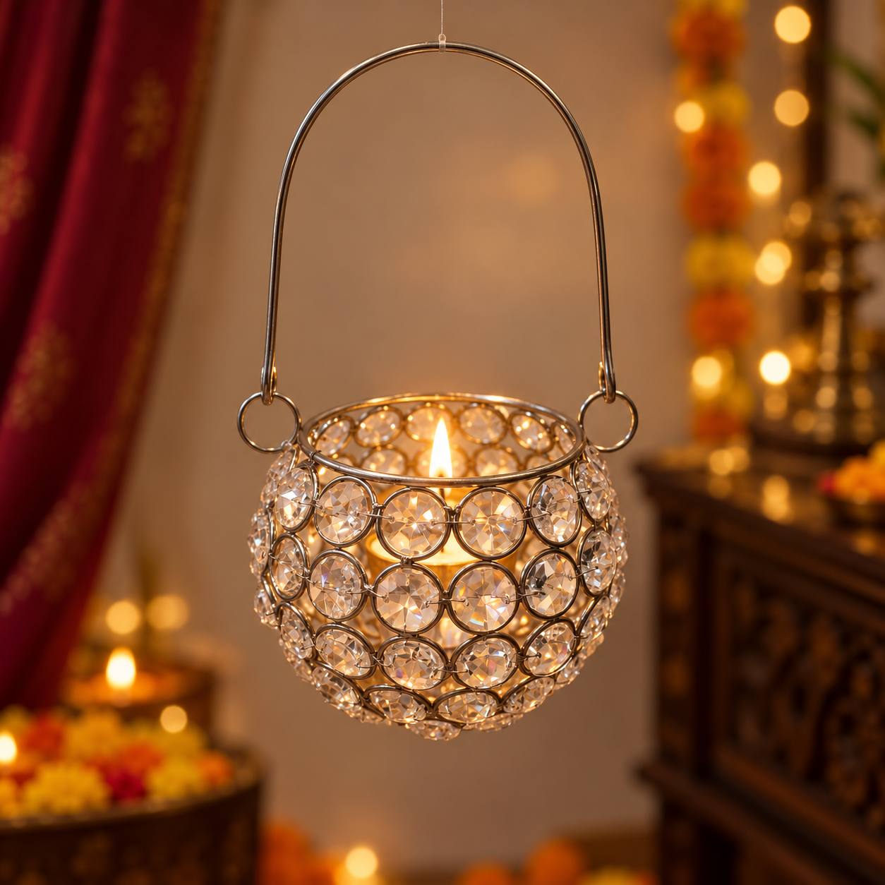  Crystal Tealight Candle Holder with Hanging Handle 