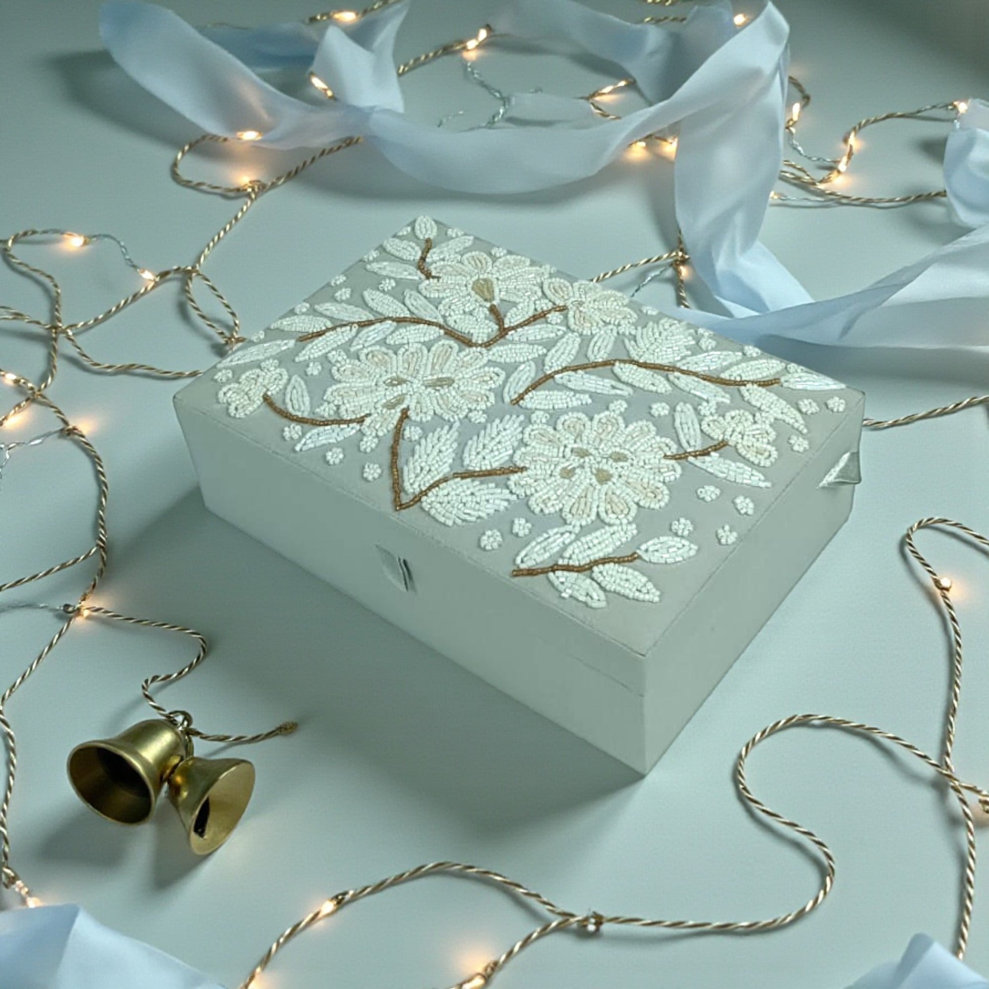 Elegant Sage Storage Box with Seed Bead Embroidery