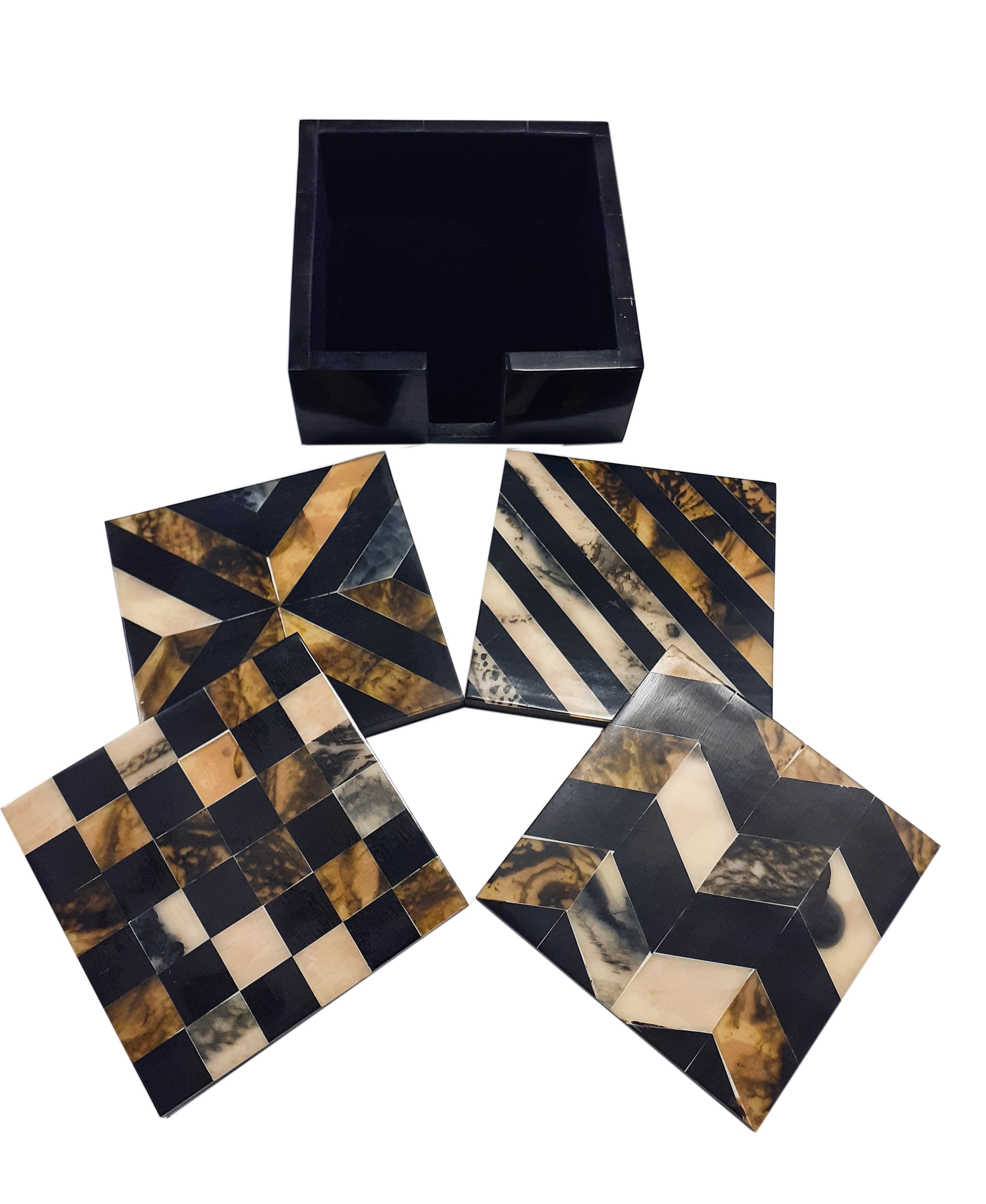 Geometrical Design Resin Coaster Set of Four with Caddy Tray