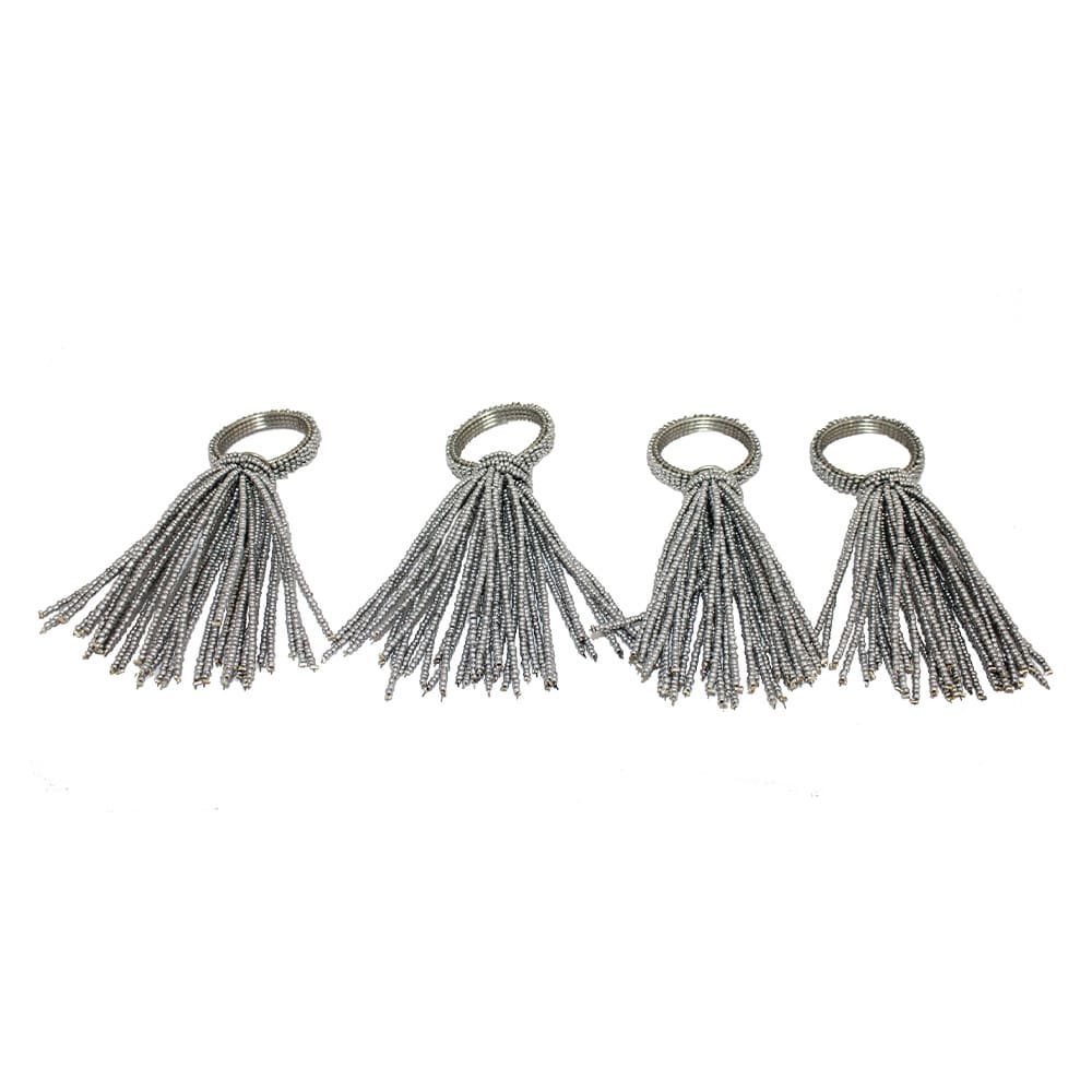Silver Color Beaded Napkin Ring Set of Four with Tassel