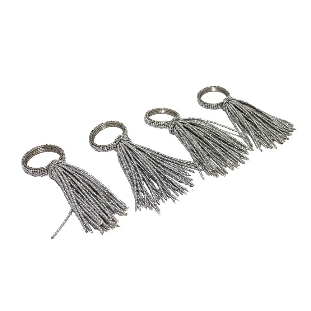 Silver Beaded Napkin Ring Set of Four with Tassel