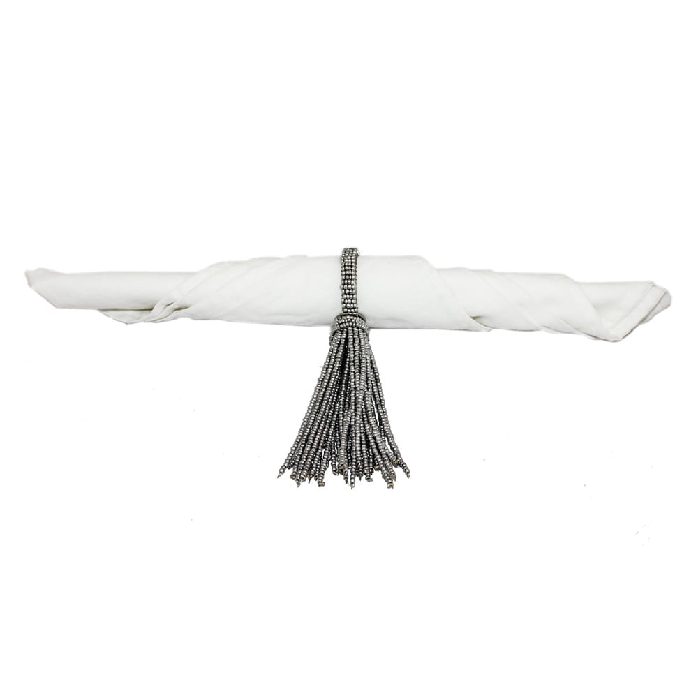 Silver Beaded Napkin Ring Set of Four with Tassel