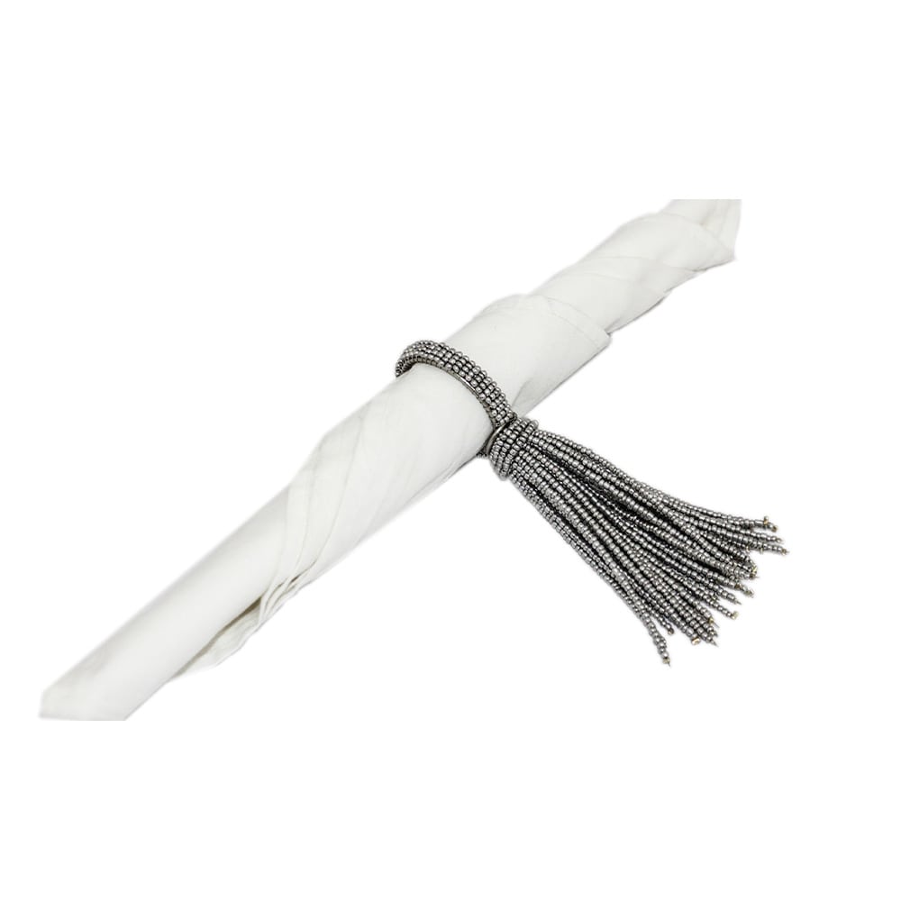 Silver Beaded Napkin Ring Set of Four with Tassel
