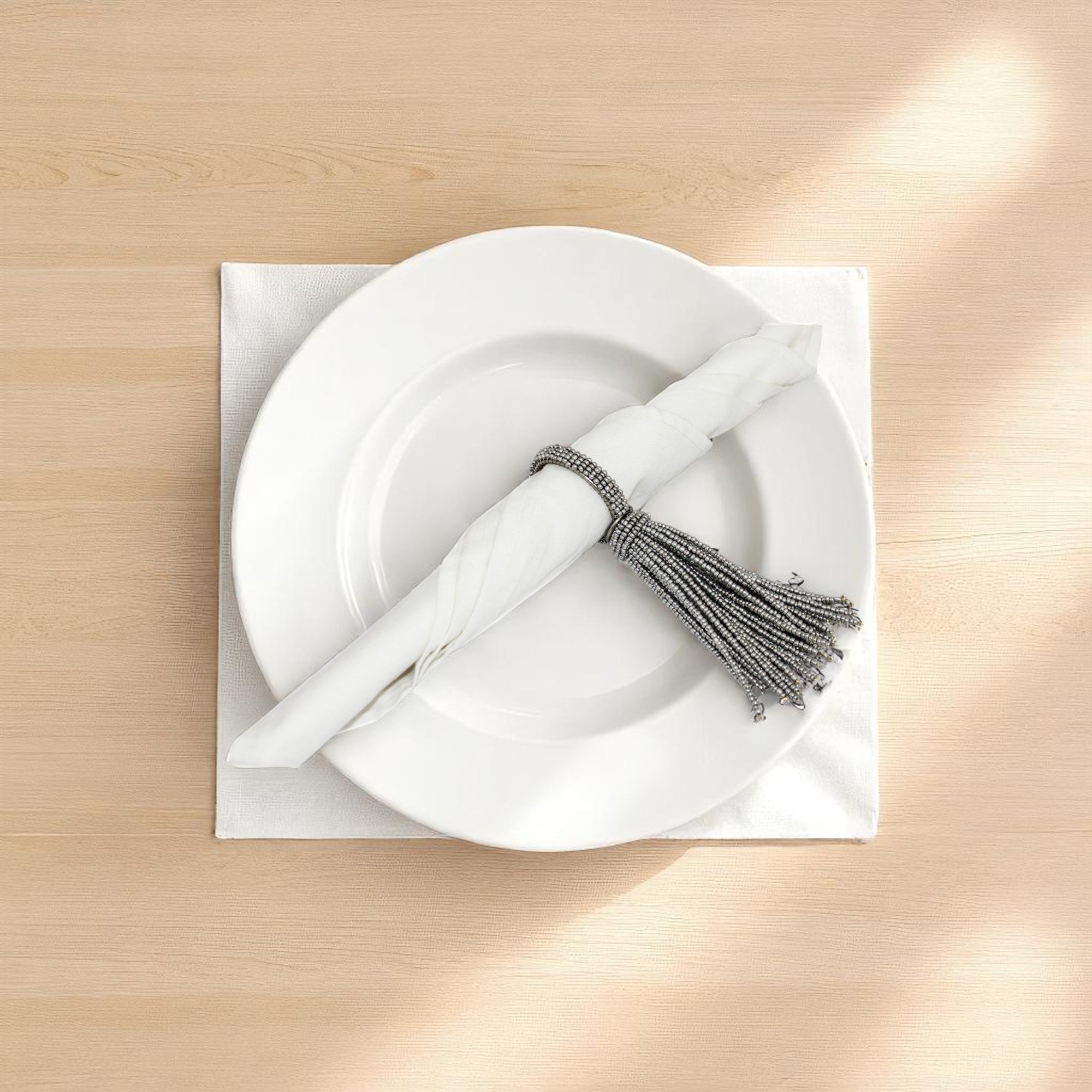 Silver Color Beaded Napkin Ring Set of Four with Tassel