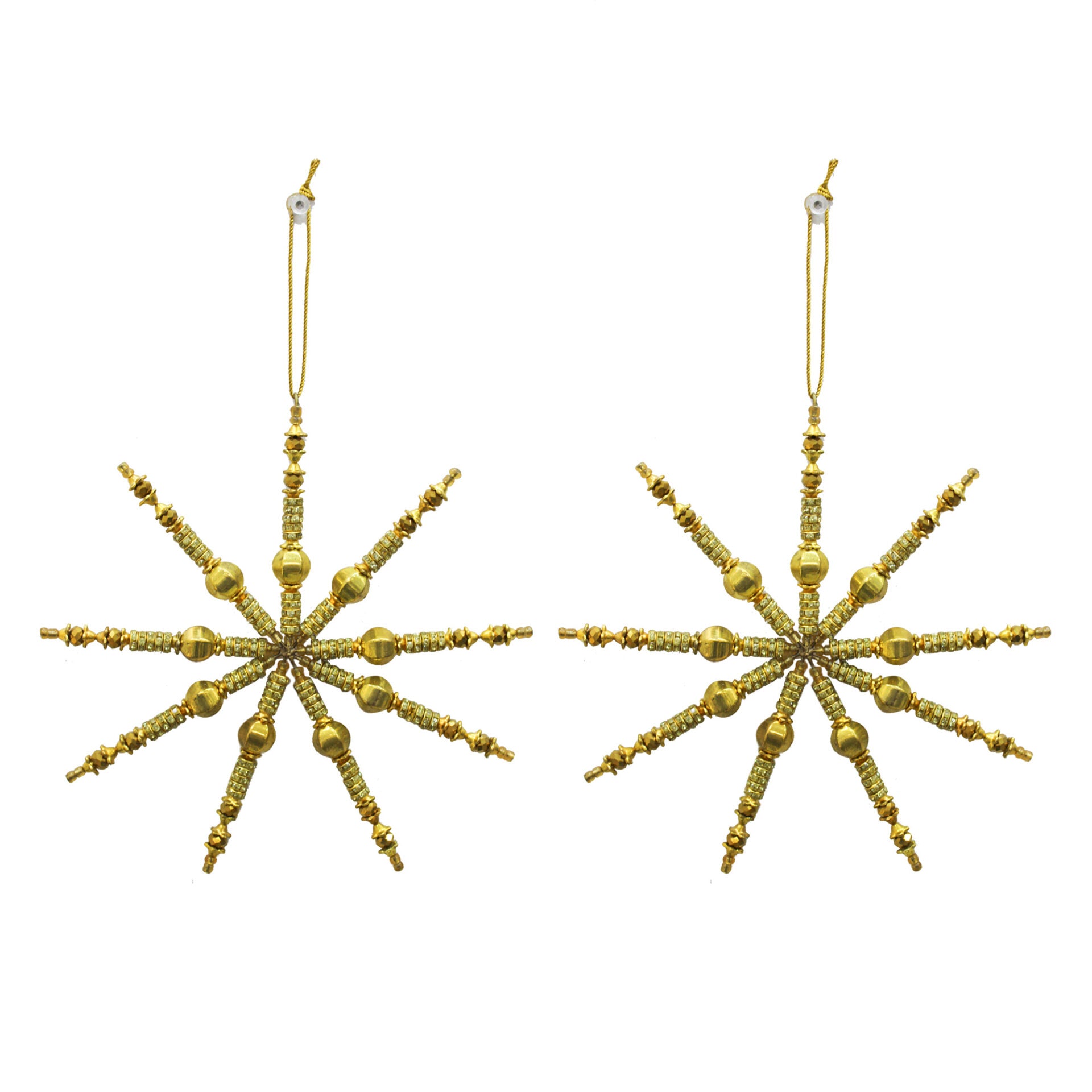 Set of 2 Golden Beaded Snowflake Shaped Christmas Tree Hanging Ornaments
