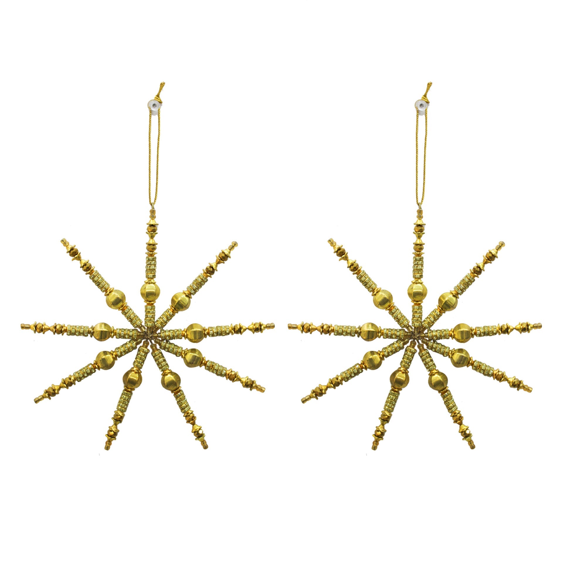 Set of 2 Goldenen Beaded Snowflake Shaped Christmas Tree Hanging Ornaments