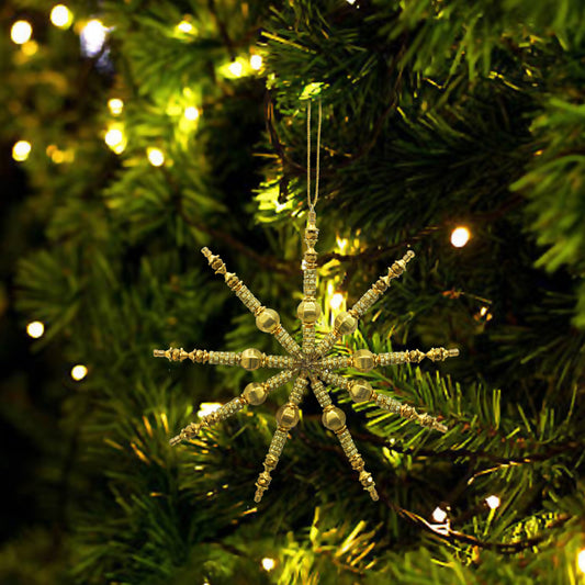 Set of 2 Golden Beaded Snowflake Shaped Christmas Tree Hanging Ornaments