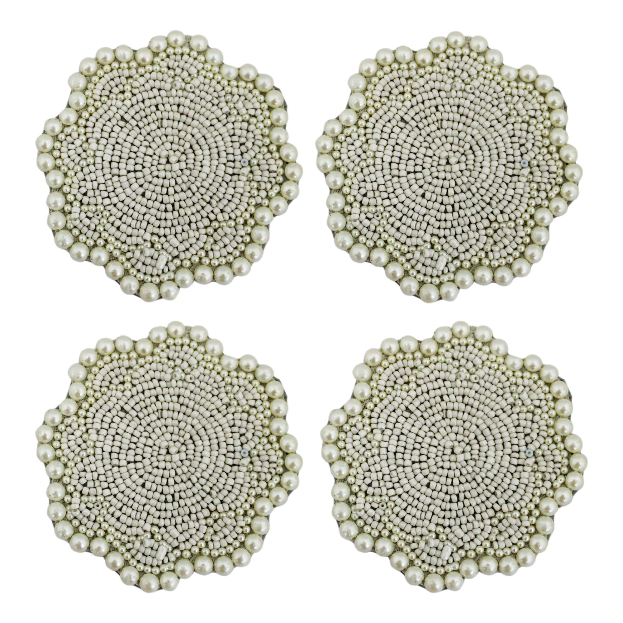 Flower Shape Silver Beaded Coasters for Dining Table Set of Four