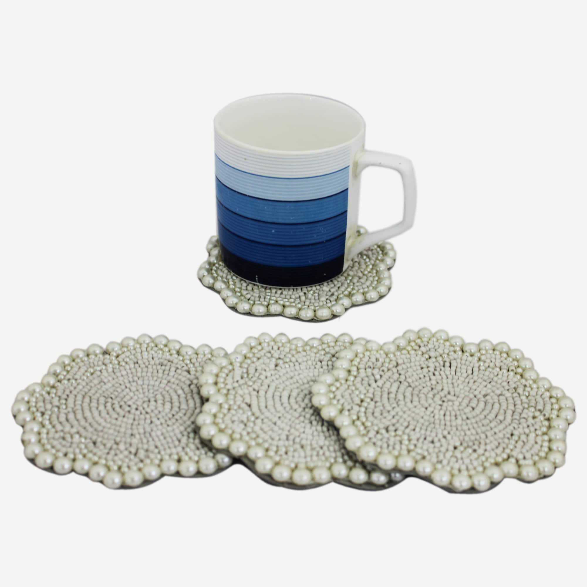 Flower Shape Silver Beaded Coasters for Dining Table Set of Four