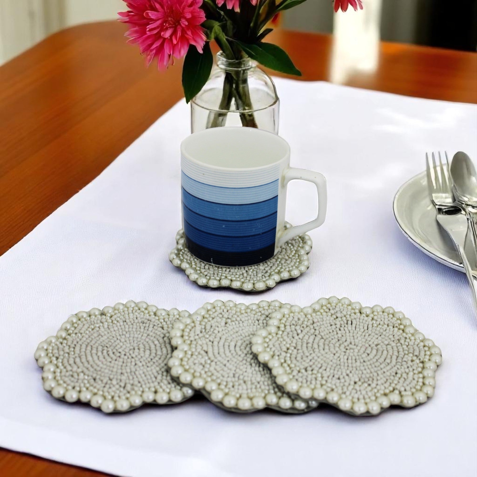 Flower Shape Silver Beaded Coasters for Dining Table Set of Four