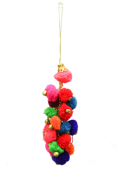 Set of 6 Multicolored Pom Pom with Jingle Bells Hanging Christmas Ornaments