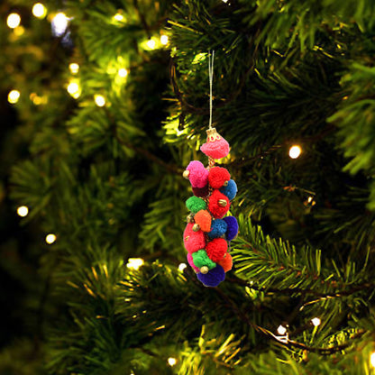 Set of 6 Multicolored Pom Pom with Jingle Bells Hanging Christmas Ornaments