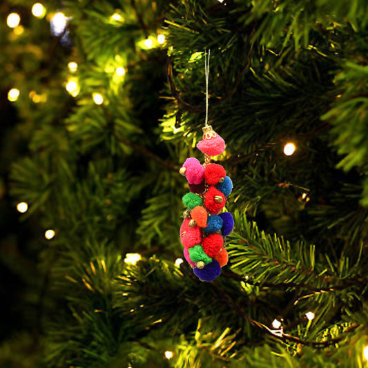 Set of 6 Multicolored Pom Pom with Jingle Bells Hanging Christmas Ornaments