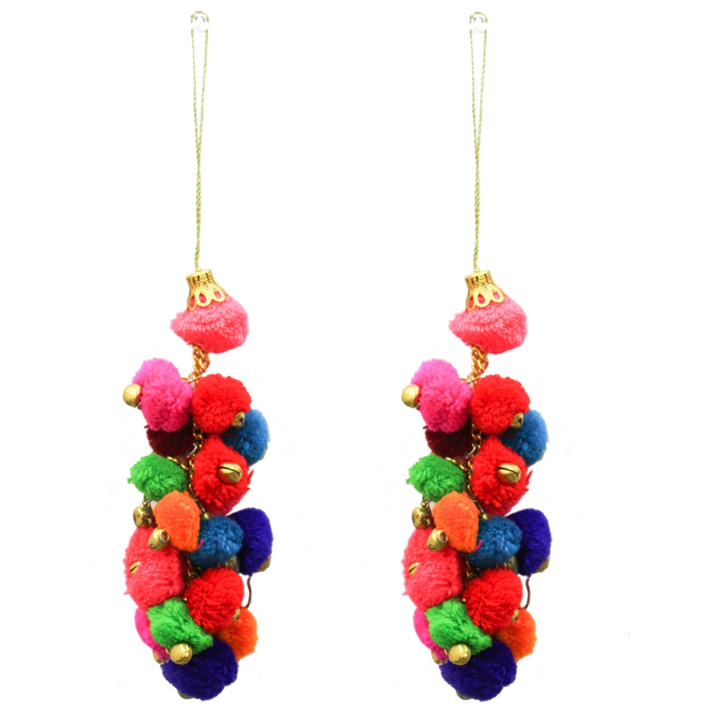 Set of 6 Multicolored Pom Pom with Jingle Bells Hanging Christmas Ornaments