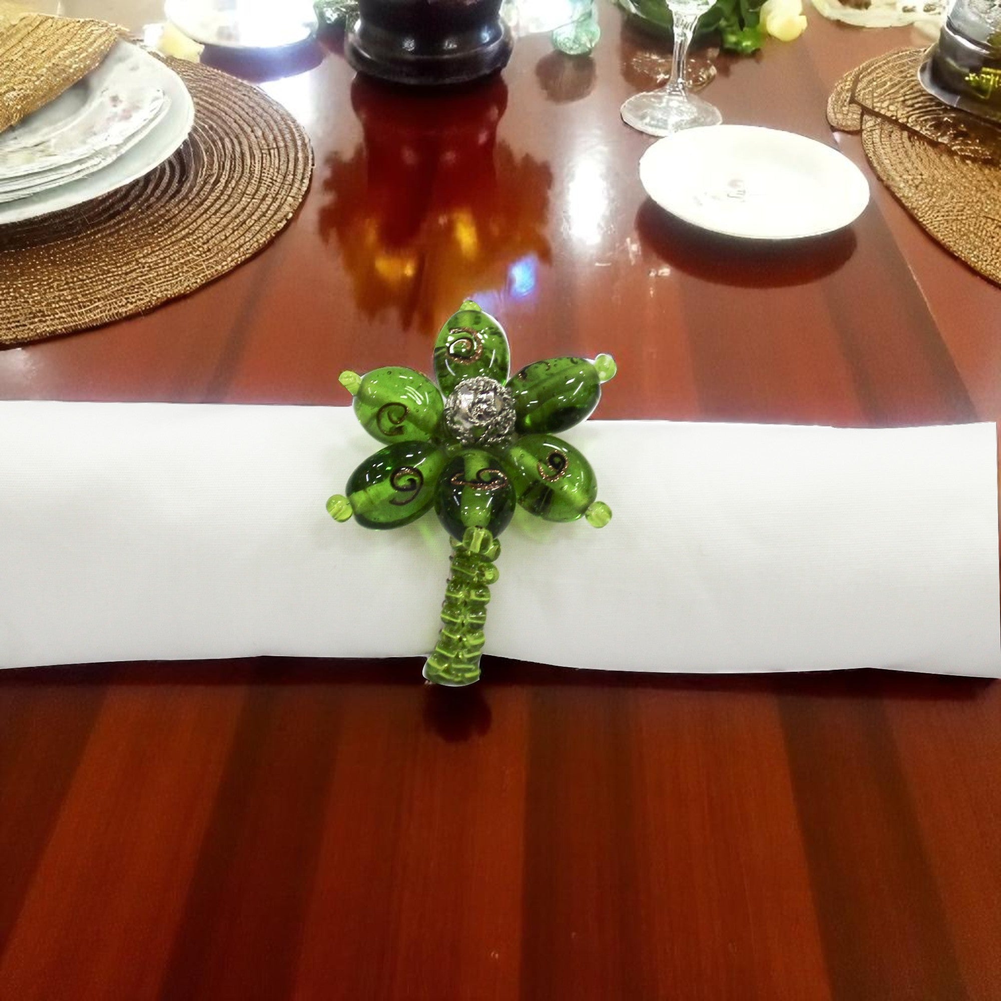 Flower Shaped Green Beaded Napkin Ring Set of Four