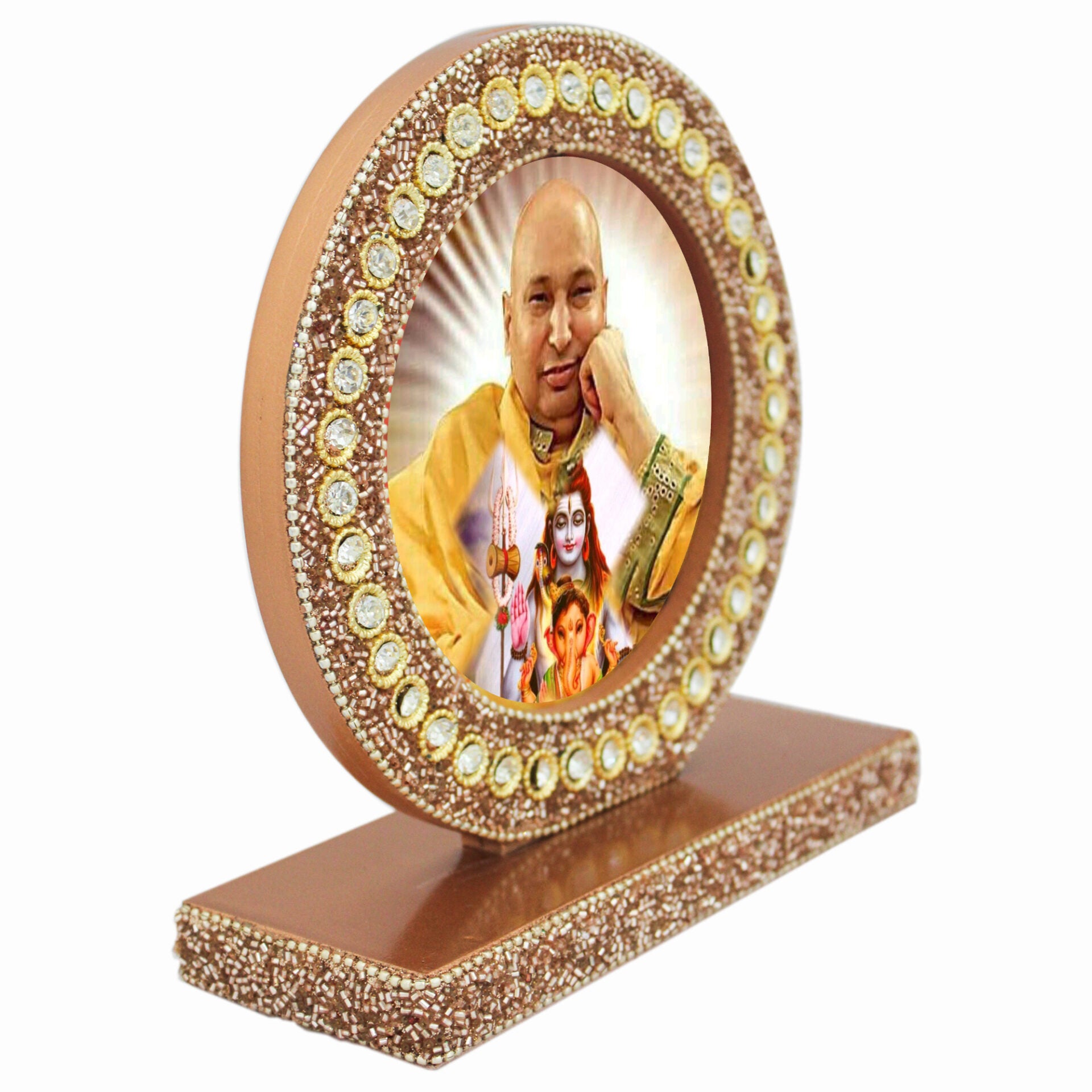 Beaded Guruji Swaroop Photo Frame for Blessings (Picture Size: 4.5 Inch Dia.)-TH-1121