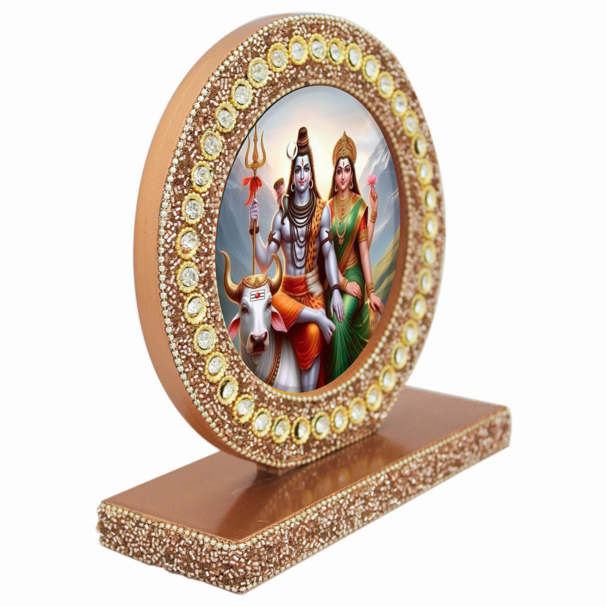 Beaded Lord Shiva & Parvati Ji Photo Frame for Blessings (Picture Size: 4.5 Inch Dia.)-TH-5697